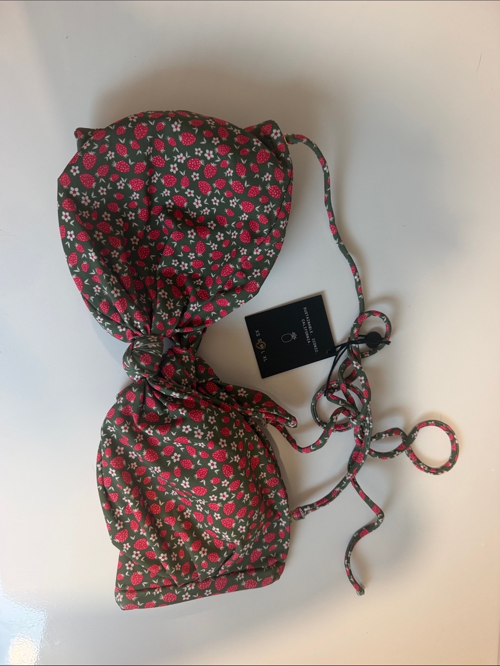 Skatie Floral Strawberry Print Bandeau Bikini Top - Green & Pink